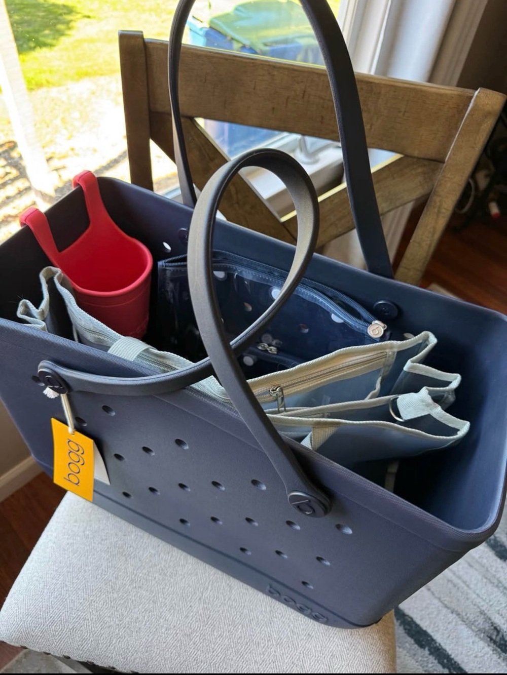 BOGG BAG Navy Tote with Red Cup Holder and Inner Organizer